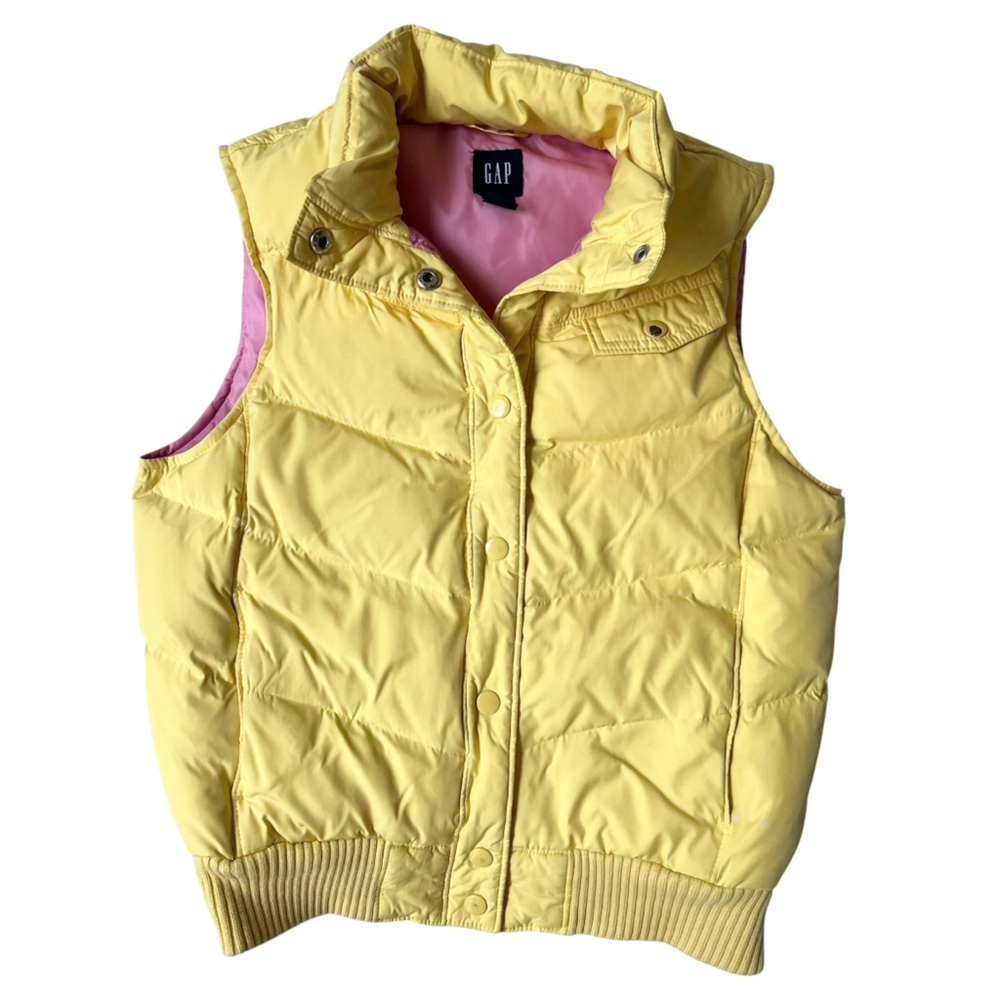 Vintage GAP Small Yellow Pink Puffer Vest 2004 Snap Front Quilted